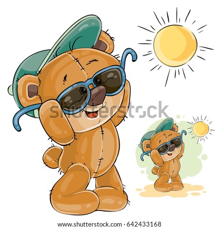 Vector illustration of a brown teddy bear in a cap and sunglasses enjoying the bright sun. Print, template, design element
