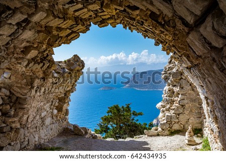 View from ruins of a church in Monolithos castle, Rhodes island, Greece Royalty-Free Stock Photo #642434935