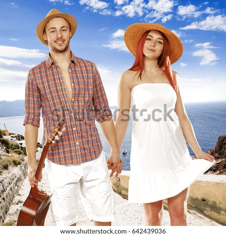 two lovers in santorini and summer day 