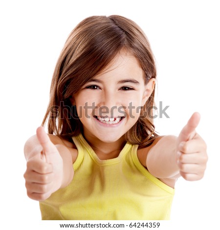 Portrait of a beautiful and confident girl showing thumbs up isolated one white