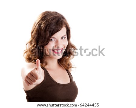 Beautiful young girl with thumbs up, isolated on white