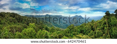 Wide panorama from tourist lookout in Dorrigo National park towards mountain ranges and hills covered by evergreen cold rain-forests - a unique remainder of ancient Gondwana continent in Australia. Royalty-Free Stock Photo #642470461