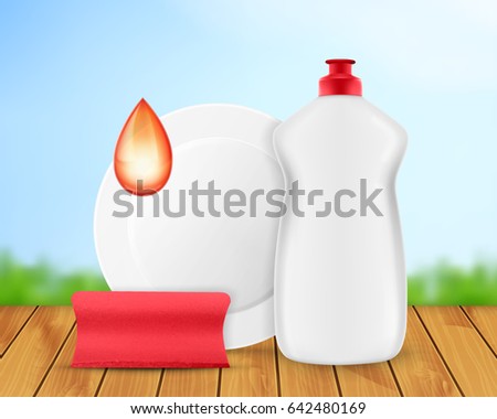 Dishwashing liquid bottle with sponge and plate. Washing dishes concept. 3d illustration. EPS10 vector
