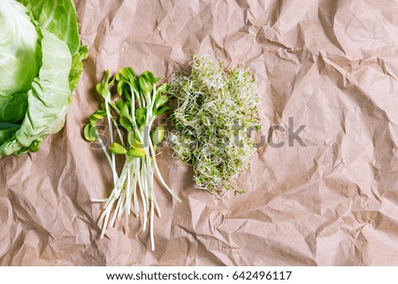 Mixed organic micro greens and cabbage on craft paper. Fresh sunflower and heap of alfalfa micro green sprouts. Healthy food and diet concept. Cut microgreens, top view with copy space.