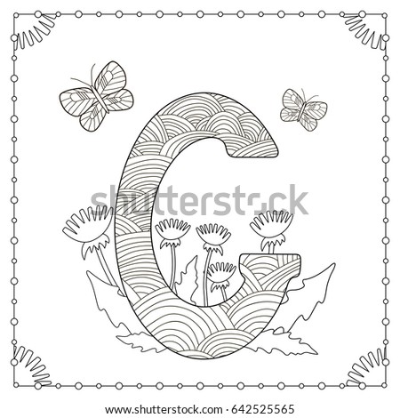 Alphabet coloring page. Capital letter  with flowers, leaves and butterflies. Vector illustration.