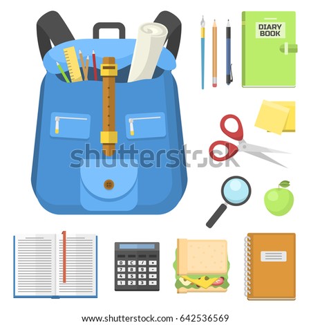 School bag backpack full of supplies children stationary zipper educational sack vector illustration.
