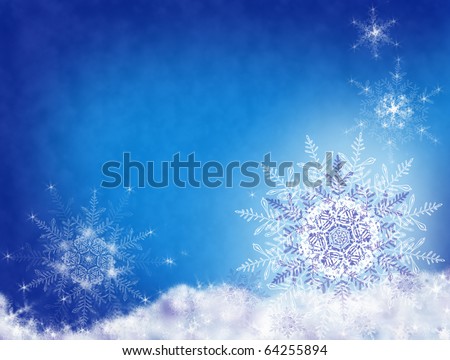 White snowflakes on blue snow background. Space for text. Carved fabulous snowflakes in the blue night sky.