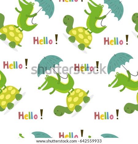 Seamless pattern with cute turtle and crocodile. vector print