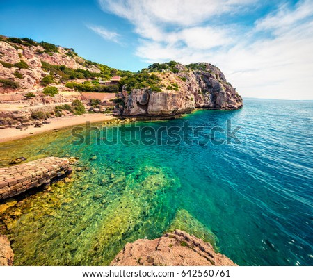 Splendid spring view of West Court of Heraion of Perachora, Limni Vouliagmenis location. Colorful morning seascape of Aegean sea, Greece, Europe. Traveling concept background.