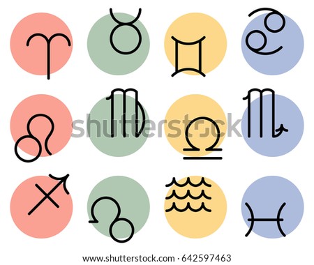 Set with flat illustration of Zodiac signs in circle. Stylized icons in simple line and trendy colors. Astrology vector graphics good for prints, wallpaper, stickers, logos & any thematic design.