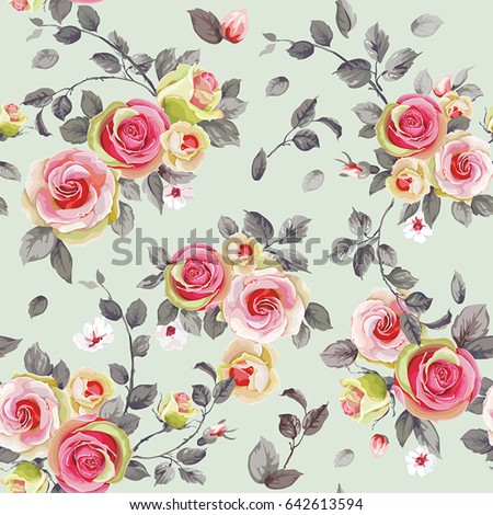 Seamless pattern with elegance blooming english roses. Spring vintage floral background. Beautiful vector illustration texture