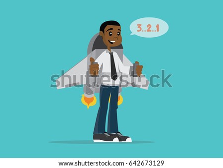 Cartoon character, African businessman in jetpack and countdown to fly up the sky., Vector eps10.