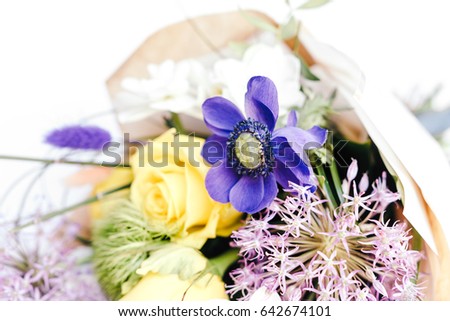  Bunch of anemone, yellow roses, narcissus  on white background. Close up