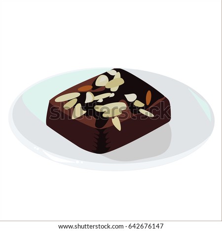 Brownies cake with almonds on the white plate, the vector design and isolated object.