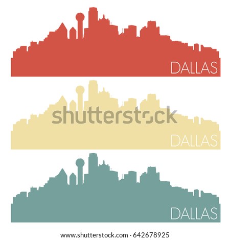 Dallas Texas USA Skyline Silhouette City Stamp Vector Color Vintage Set Logo Clip Art Illustration.