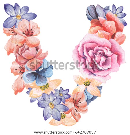 Letter V of watercolor flowers, isolated hand drawn on a white background, wedding design, english alphabet.