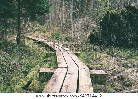 wooden footbridge in the bog in the countryside surrounded by forest - vintage green look