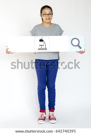 Young girl holding banner network graphic overlay
