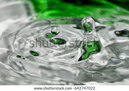 Single droplet of water falling into water, colour, motion, green
