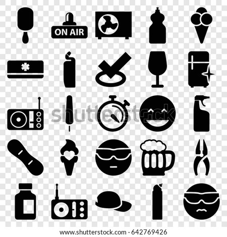 Cool icons set. set of 25 cool filled icons such as cocktail, cleanser, clean fridge, nippers, laughing emot, cool emot in sunglasses, ice cream on stick, medical bottle