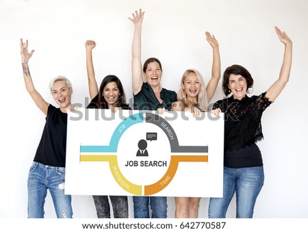 People holding network graphic overlay billboard together