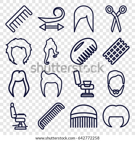 Haircut icons set. set of 16 haircut outline icons such as comb, barber scissors, woman hairstyle, man hairstyle, barber chair, hair curler, curly hair