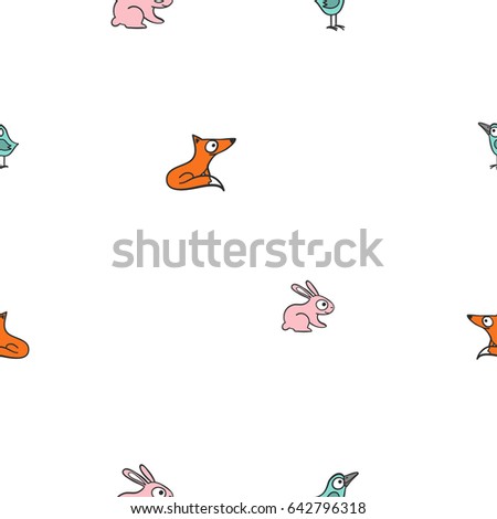 Hand drawn vector seamless pattern with  animal - fox, rabbit,  bird.
 Colour and  line art style drawing. Could be used as background, wrapping paper, book page and textile ornament.
