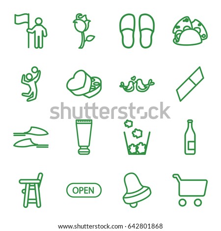 Color icons set. set of 16 color outline icons such as baby chair, cream tube, bell, slippers, taco, lovebirds, rose, sweet box, open, trash bin, volleyball player, eraser