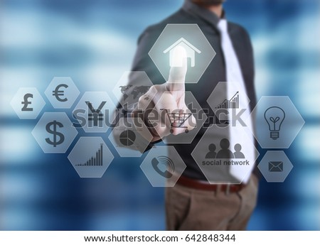 businessman with financial symbols coming from hand
