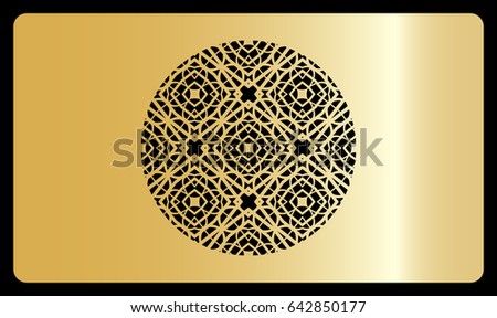Business card template. Cut out cards with lace pattern. Modern geometric card for laser cutting. Vector illustration. Gold metal. With a cutout of a decorative circle in the center