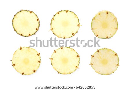 Cross-section pineapple slice isolated over the white background, set of six different foreshortenings