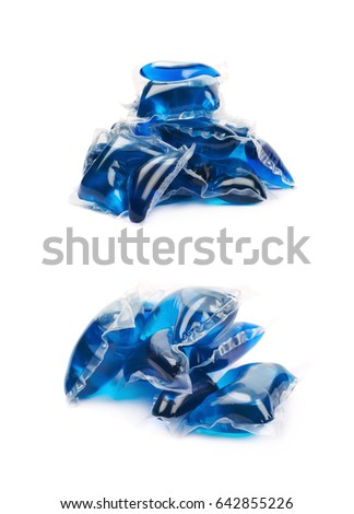 Pile of multiple washing pod capsules isolated over the white background, set of two different foreshortenings