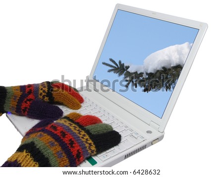 Winter is coming. Woman in wool gloves typing on a laptop; winter photo on the screen. Isolated on white background.