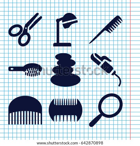 Set of 9 salon filled icons such as comb, mirror, hair brush, salon hair dryer, spa stones, hair curler