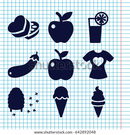 Set of 9 sweet filled icons such as ice cream, apple, honeycomb, aubergine, t-shirt with heart, sweet box