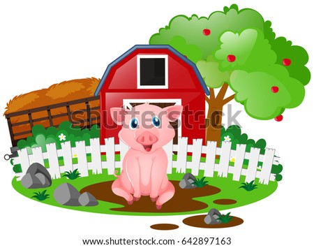 Little pig on the farmyard illustration