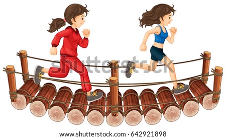 Two girls running on the wooden bridge illustration