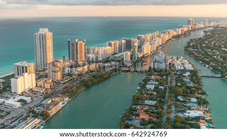 Miami Beach aerial view at dusk, Florida, USA.