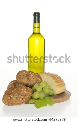 Wine cheese and bread,on white background.