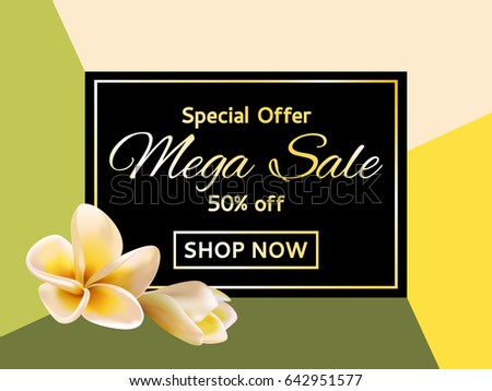 Card for sale garden plumeria blossom with 50% off special offer. Shop now mega sale garden tropical plants vector tag. Discount banner layout, graphic design with frangipani exotic tropical flower. 