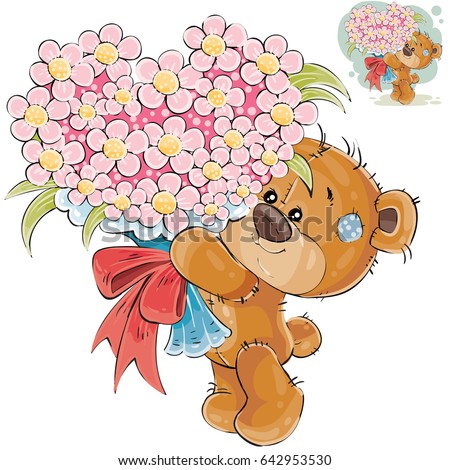 Vector illustration of a brown teddy bear holding in its paws a bouquet of flowers in the shape of a heart. Print, template, design element