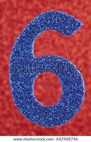 Number six blue color over a red background. Anniversary. Vertical