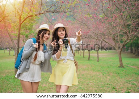 young female backpackers pointing beautiful sakura flowers and holding camera taking picture on famous cherry blooming tree park in japan travel vacation.