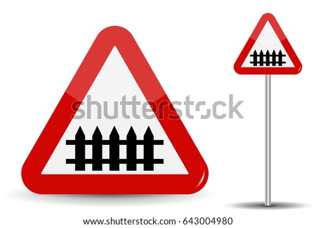 Road sign Warning: railroad crossing. In Red Triangle, fence-barrier is schematically depicted. Vector Illustration. EPS10