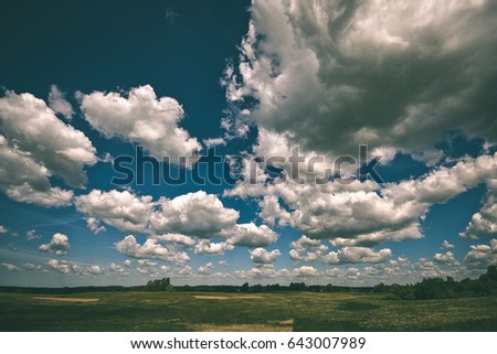 bright fresh fields in country under blue sky with white storm clouds - vintage film effect