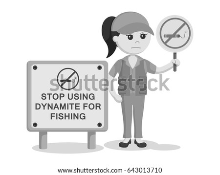 fisher woman  holding no dynamite fishing sign black and white style