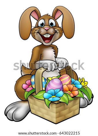 Cartoon Easter Bunny on an Easter egg hunt with a basket or hamper