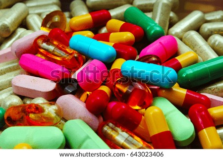 Medical or vitamin pills. Colorful medicine pills as texture. Pill pattern background.
