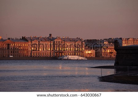 Embankment of the Neva river in St Petersburg at sunset. Russia travel.