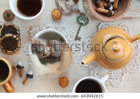 Photo composition based on the fairy tale "Alice in Wonderland". Mad tea-drinking with the participation of a sleeping mouse, handmade toy.